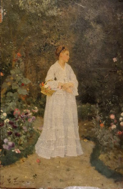 null FERRERE Cécile (1847-1931)
Jeune fille au panier, 1870
Huile sur panneau, signé...