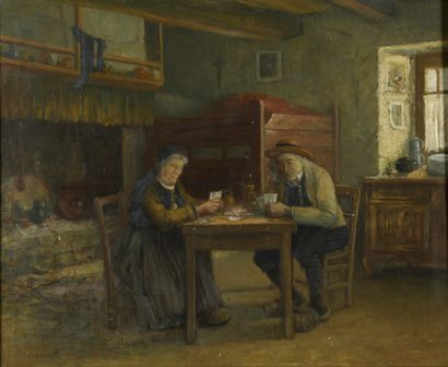null RIVIÈRE Charles, 1848-1920,
Couple de bretons jouant aux cartes,
huile sur toile...