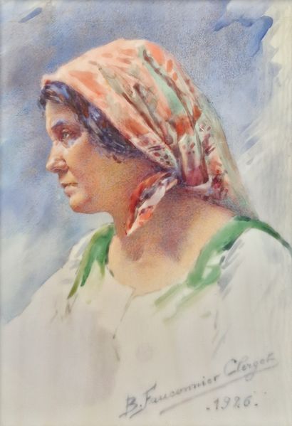 null FAUCONNIER-CLERGET Berthe, née en 1882,
Italienne au foulard, 1926,
miniature,...