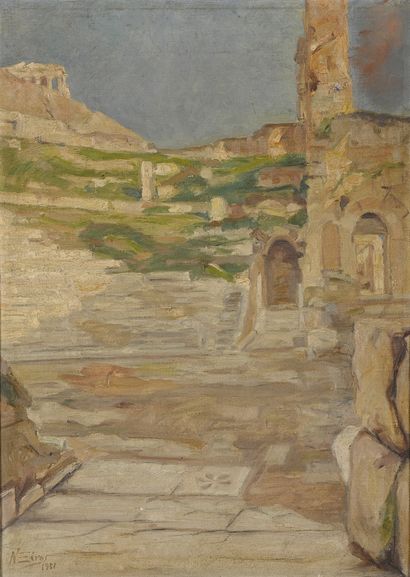null ECOLE XIXeme siècle 
Ruines en Grèce, 1931,
huile sur toile (petits accidents,...