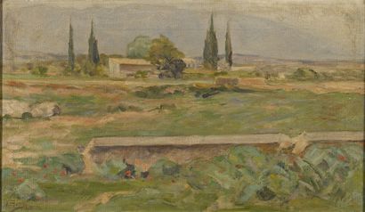 null ECOLE XIXeme siècle 
Villa aux cyprès, 1931,
huile sur toile (couche picturale...
