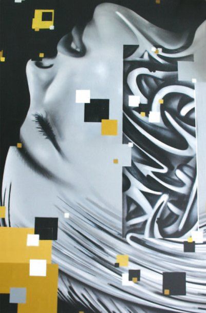 ECLOZ (XXe siècle) La femme aux pixels Aérosol sur toile. Signée en bas à gauche....