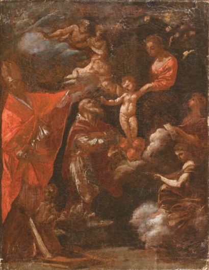 RENI Guido (Ecole de) (Bologne 1575 -Rome 1642) Vierge à l'enfant avec un saint évêque,...