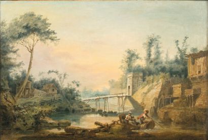 Attribué à Claude Louis CHATELET (1753- 1794) La traversée d'une rivière en barque...