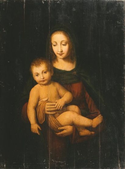LUINI Bernardino (Ecole de) (Vers 1475 - 1532) Vierge à L'enfant Jésus Huile sur...
