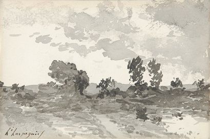 Henri Joseph HARPIGNIES Chemin et arbres Lavis d'encre noire, signé en bas à gauche,...