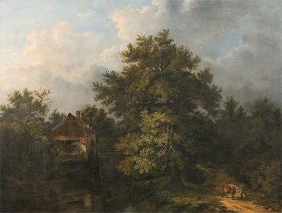 ÉCOLE FRANÇAISE début XIXe siècle Paysage au moulin Huile sur toile rentoilée (restaurations),...