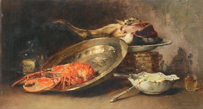 Guillaume FOUACE Nature morte au cuivre et au homard Huile sur toile, signée en bas...