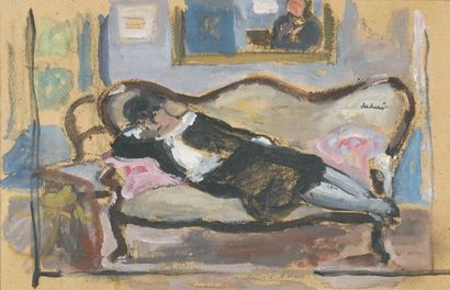 Albert ANDRÉ Malek au sofa Peinture sur carton beige, cachet de la signature vers...