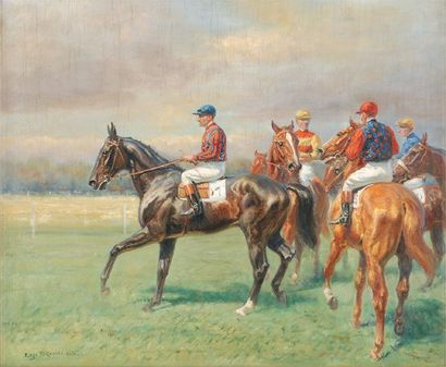 Eugène PECHAUBÈS Jockeys avant la course, 1935 Huile sur toile marouflée sur panneau...