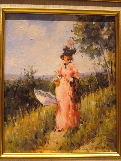 Ecole Moderne Jeune femme dans un paysage, peinture sur toile, non signée, 27 x 22...