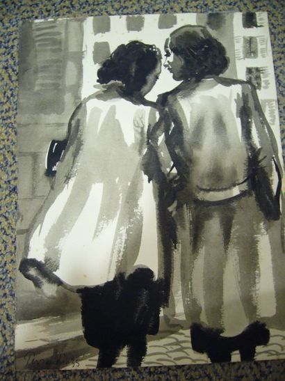 PERRAUDIN Paul (1907-1993) Femmes dans la rue, lavis, signé en bas à gauche, 32 x...