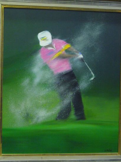 SPAHN Victor, Né en 1949 Golfeur en rose, acrylique sur toile, signée en bas à droite,...