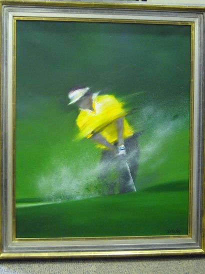 SPAHN Victor, Né en 1949 Golfeur en jaune, acrylique sur toile, signée en bas à droite,...