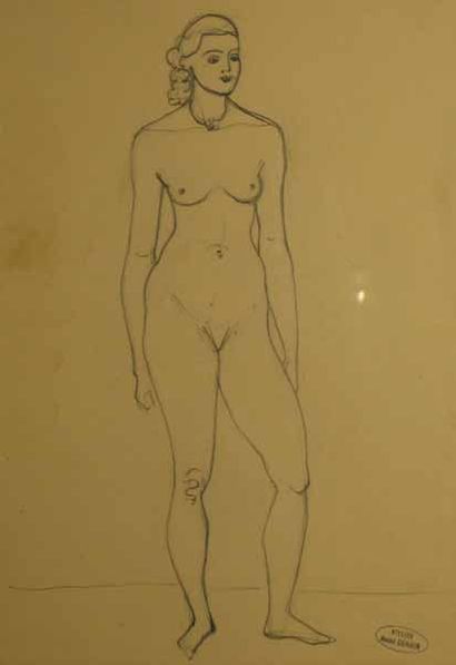 DERAIN André, 1880-1954 Modèle de face, mine de plomb sur papier beige (traces de...