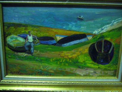 BERTHOMME-SAINT-ANDRE Louis (1905-1977) Barques en cale sèche, huile sur toile, signée...