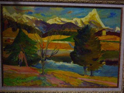 BERTHOMME-SAINT-ANDRE Louis (1905-1977) Paysage de montagne, huile sur papier marouflé...