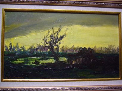 BERTHOMME SAINT ANDRE L'Aurore en hiver, huile sur toile, 24 x41 cm.1968, signée...