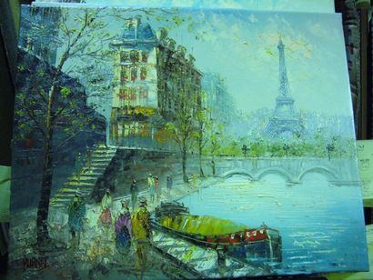 Ecole Moderne Paris Tour Eiffel, peinture sur toile, porte une signature en bas à...