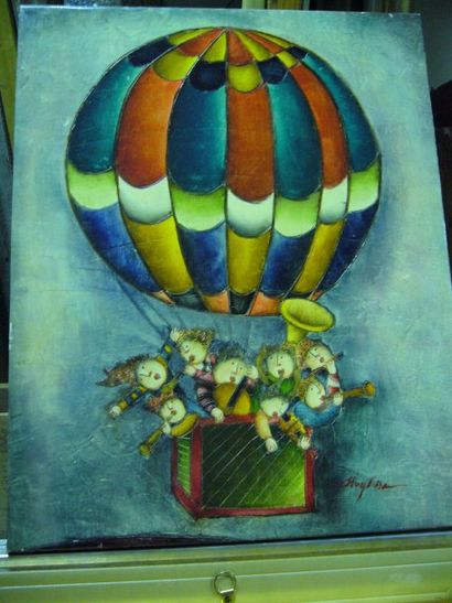 Ecole Moderne Enfants à la montgolfière, peinture sur toile, porte une signature...