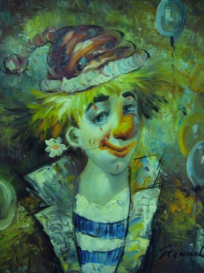 Ecole Moderne Clown à la fleur, peinture sur toile, porte une signature en bas à...