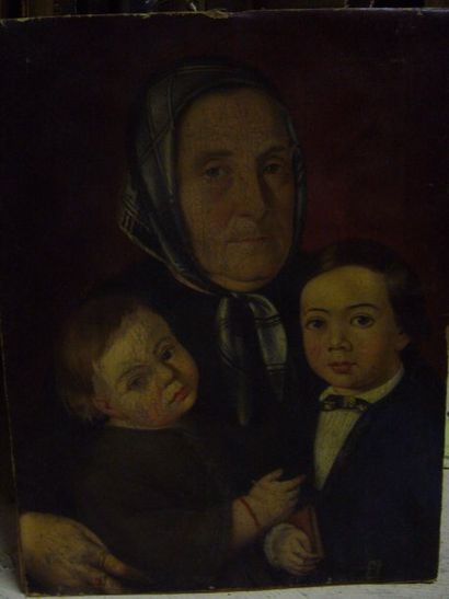 ECOLE XIXème SIECLE Portrait de famille, huile sur toile marouflée sur carton, non...