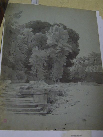 BENOUVILLE Jean-Achille (1815-1891) Une vue de jardin du château de Saint-Cloud,...