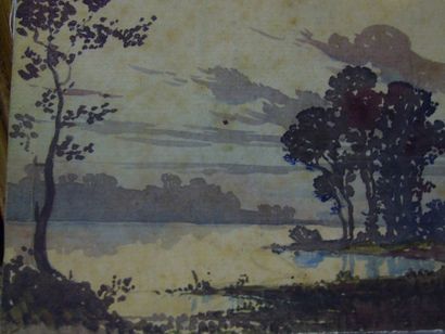 GUILLOUX Charles Victor (1866-1946) Lac au crépuscule, aquarelle (piqûres), cachet...