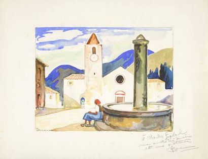 BONANOMI (XXème siècle) Fontaine devant l'église, aquarelle, signée en bas à gauche,...