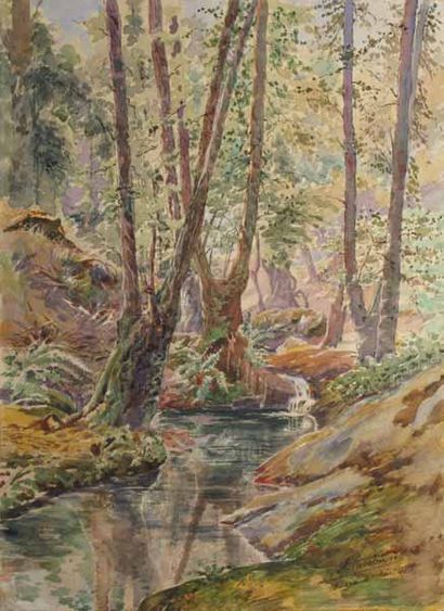 CASABONNE André, XIX-XXème siècle Ruisseau en sous-bois, Bugeaud, août 1919, aquarelle,...