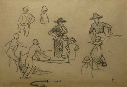 PESKE Jean (1870-1949) Personnages et barques, feuille d'étude au crayon noir, monogramme...