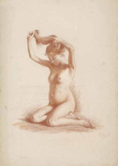 AGARD Charles Jean (1866-1950) Belle se coiffant, sanguine sur papier beige (rousseurs...