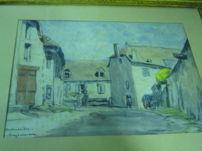 BERJONNEAU Jehan (1890-1972) Rue à Montmorillon, aquarelle,( rousseurs), signée et...