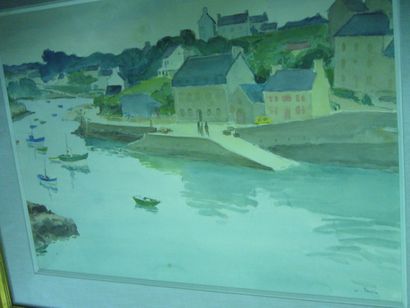 DUPIN (XXème) Village breton au bord d'un Aven, aquarelle, (petites rousseurs), signé...