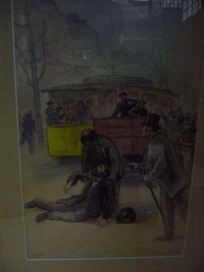 YRONDY (début XXème siècle) Un accident de la circulation, aquarelle (légères rousseurs...