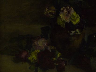 GUÉRARD-GONZALES Jeanne (1856-1924) Jeté et bouquet de roses, huile sur toile rentoilée...