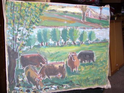 Ecole Moderne Les vaches, huile sur toile, non signée, 60 x 74 cm
