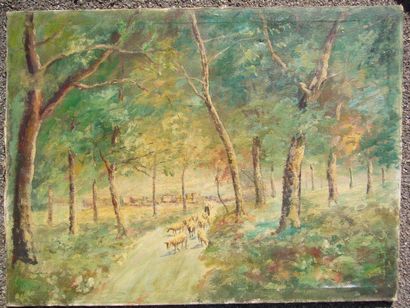 LEONOY (XXème siècle) Berger et ses moutons sur la route, huile sur toile, signée...