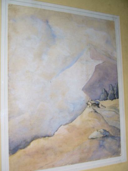 Ecole Moderne Vue de montagnes, aquarelle et gouache, non signée, 27 x 21 cm.