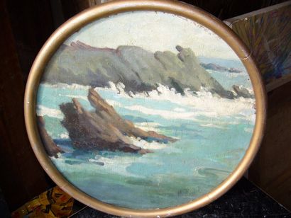 ROSSE R. (XXème siècle) Les roches en bord de mer, huile sur toile de forme ronde,...