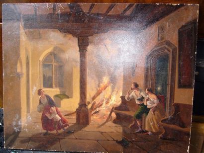 Ecole française du XIX ème L'incendie, huile sur panneau, non signée, 34 x 44 cm...