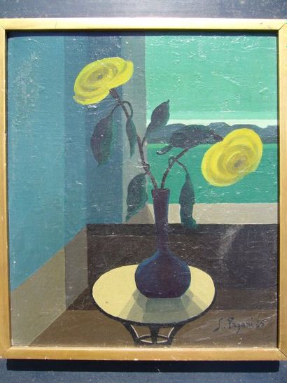 PAGANI S. (XXème siècle) Fleurs devant la fenêtre 65, huile sur toile, signée et...