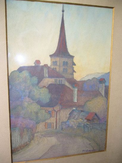 GASSER M. (XXème siècle) Le village, aquarelle et crayon noir, signé en bas à droite,...