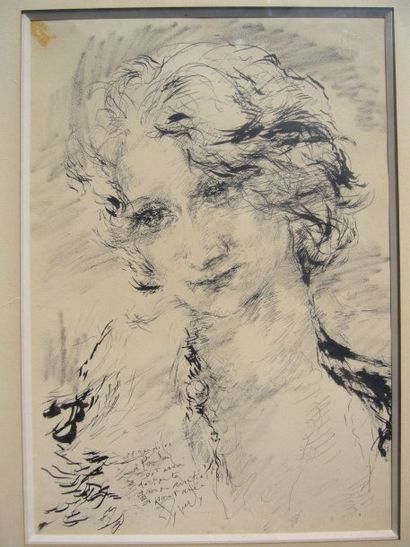 ZINGER E. ? (XXème siècle) Portrait, dessin à l'encre, signé en bas à gauche et envoi,...