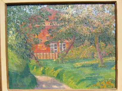 HIRT M. (XXème siècle) Le parc de la maison, huile sur toile doublée d'une isorel,...