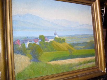 DOVAZ J. (XXème siècle) Vue de Suisse, huile sur toile, signée en bas à gauche et...