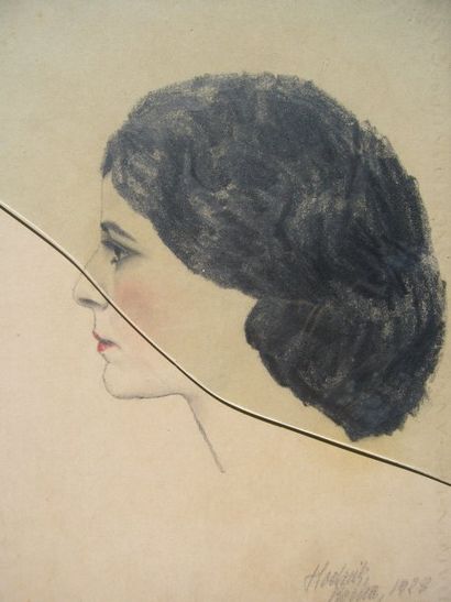 Ecole Moderne Portrait de femme - Roma 1903, crayon noir et crayons de couleurs,...