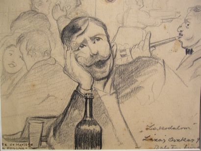 OSZKAR Lazar (XXème siècle) Fête de mariage en Hongrie, dessin au crayon noir, titré...