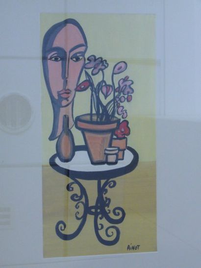 CARIFFA Tonia (Née en 1924) Guéridon - visage - fleurs, gouache, signée en bas à...
