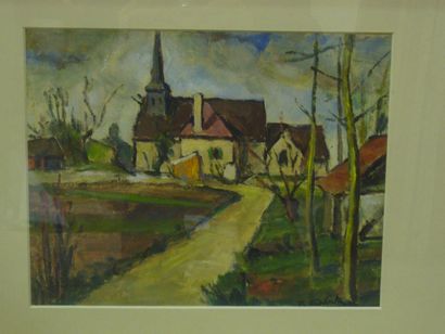 FAVIN Roger (XXe siècle) Paysage de l'église, huile sur papier, signé en bas à droite,...